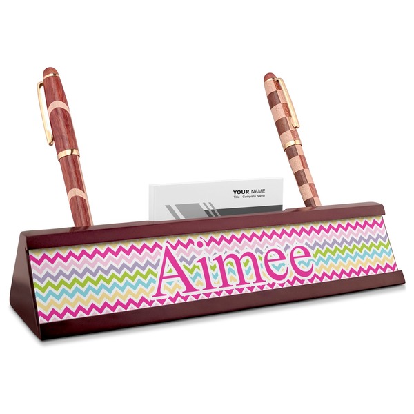 Custom Colorful Chevron Red Mahogany Nameplate with Business Card Holder (Personalized)