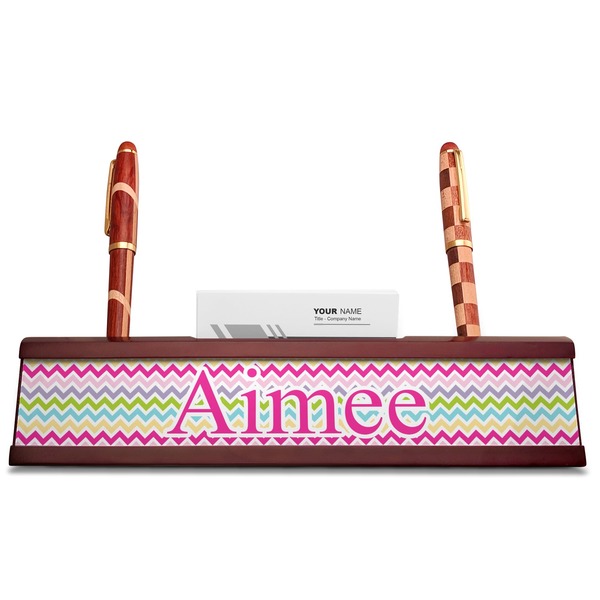 Colorful Chevron Red Mahogany Nameplates with Business Card Holder - Straight