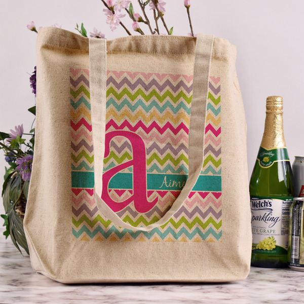 Colorful Chevron Reusable Cotton Grocery Bag - In Context