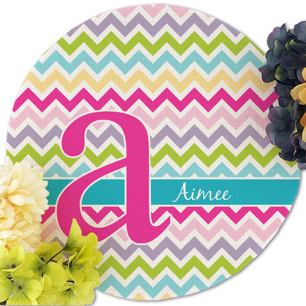 Colorful Chevron Round Linen Placemats - Front (w flowers)