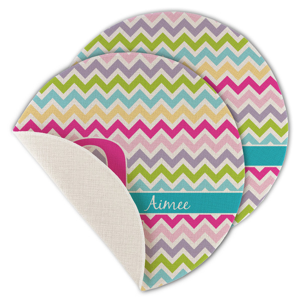 Custom Colorful Chevron Round Linen Placemat - Single Sided - Set of 4 (Personalized)