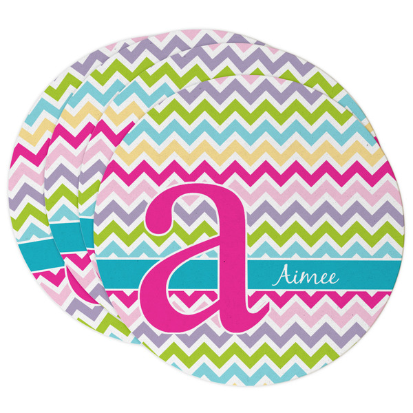 Custom Colorful Chevron Round Paper Coasters w/ Name and Initial