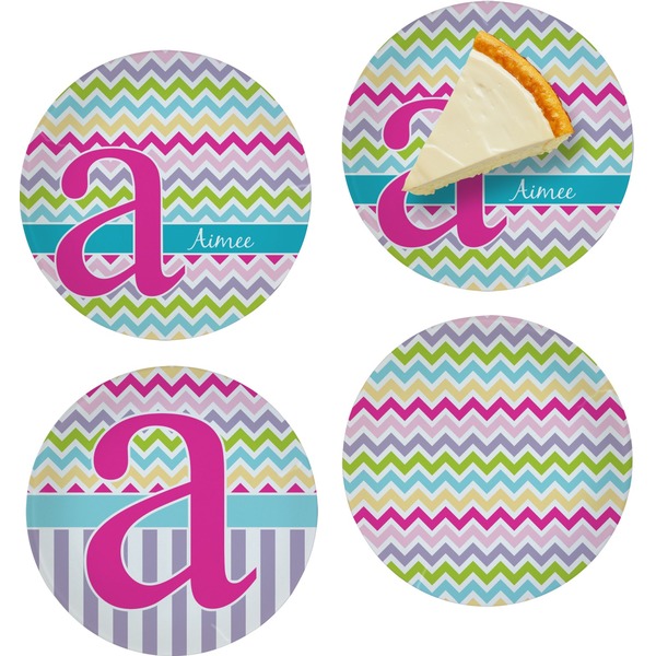 Custom Colorful Chevron Set of 4 Glass Appetizer / Dessert Plate 8" (Personalized)
