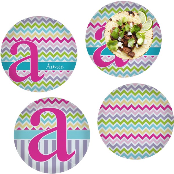 Custom Colorful Chevron Set of 4 Glass Lunch / Dinner Plate 10" (Personalized)