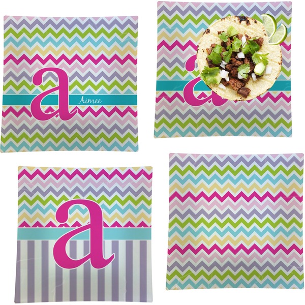 Custom Colorful Chevron Set of 4 Glass Square Lunch / Dinner Plate 9.5" (Personalized)