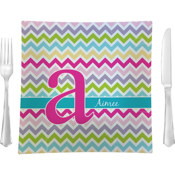 Custom Colorful Chevron 9.5" Glass Square Lunch / Dinner Plate- Single or Set of 4 (Personalized)