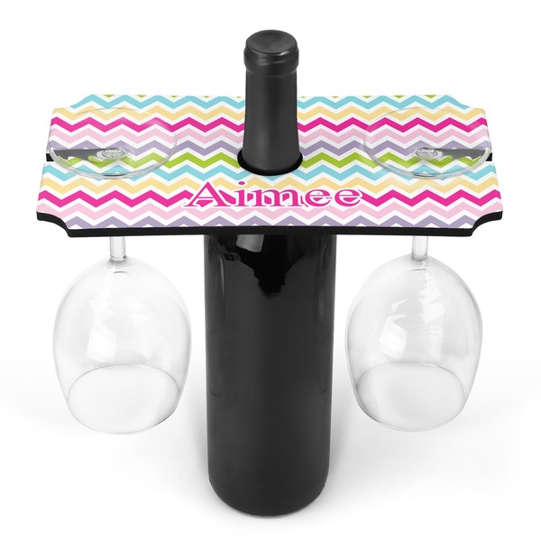 Custom Colorful Chevron Wine Bottle & Glass Holder (Personalized)