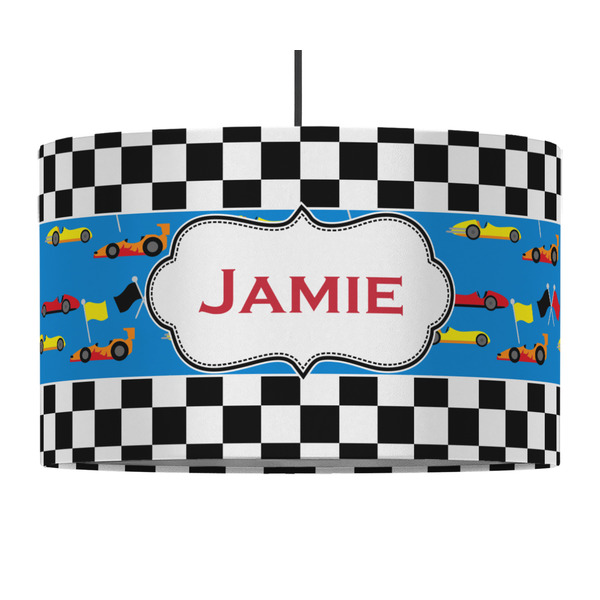 Custom Checkers & Racecars 12" Drum Pendant Lamp - Fabric (Personalized)