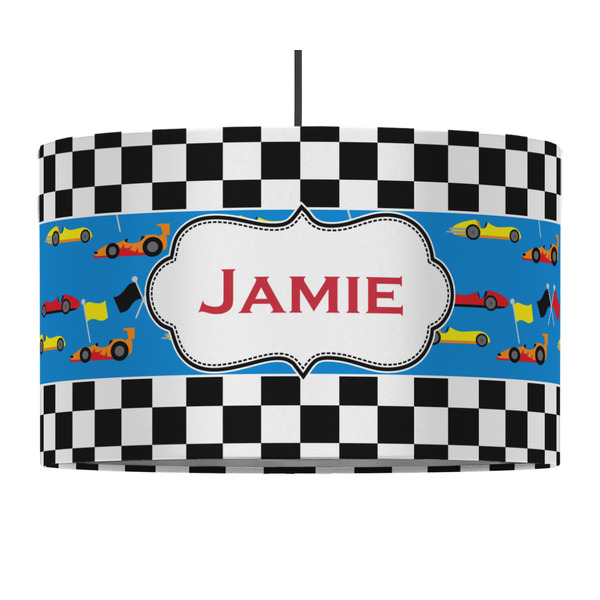 Checkers & Racecars 12" Drum Lampshade - PENDANT (Fabric)