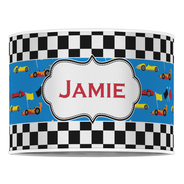 Checkers & Racecars 16" Drum Lampshade - FRONT (Poly Film)