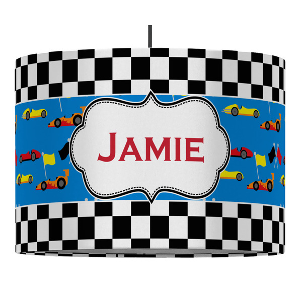 Custom Checkers & Racecars 16" Drum Pendant Lamp - Fabric (Personalized)