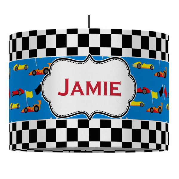 Checkers & Racecars 16" Drum Lampshade - PENDANT (Fabric)