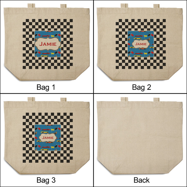 Checkers & Racecars 3 Reusable Cotton Grocery Bags - Front & Back View