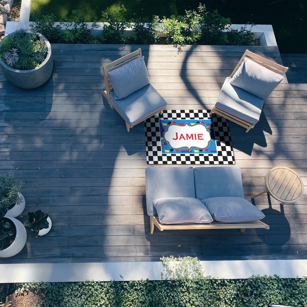 Checkers & Racecars 3'x5' Patio Rug - In Context