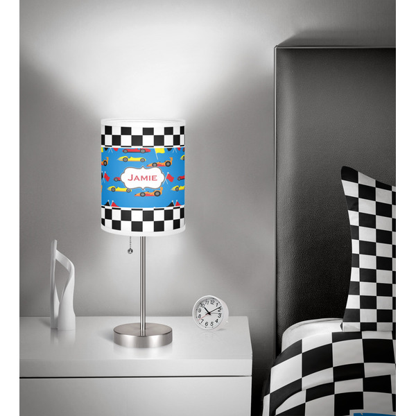 Checkers & Racecars 7 inch drum lamp shade - in room