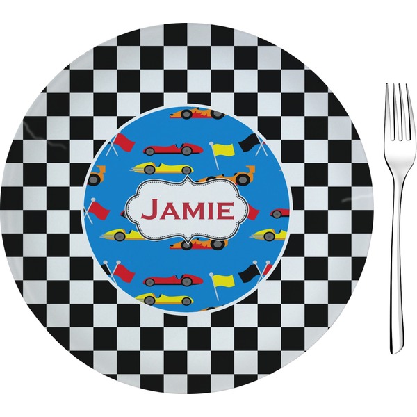 Custom Checkers & Racecars 8" Glass Appetizer / Dessert Plates - Single or Set (Personalized)