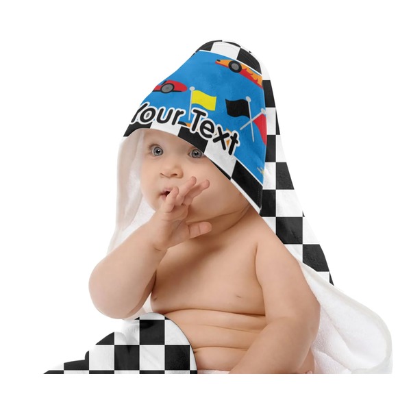 Checkers & Racecars Baby Hooded Towel on Child