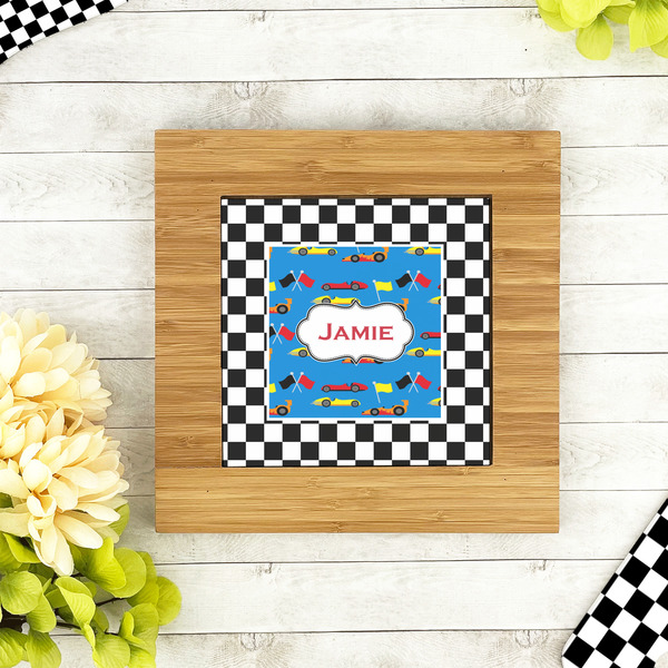 Checkers & Racecars Bamboo Trivet with 6" Tile - LIFESTYLE