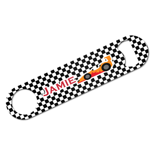 Custom Checkers & Racecars Bar Bottle Opener - White w/ Name or Text