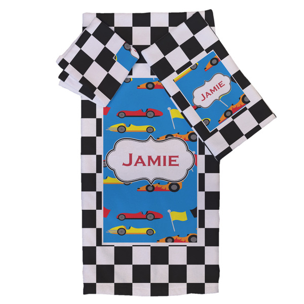 Custom Checkers & Racecars Bath Towel Set - 3 Pcs (Personalized)