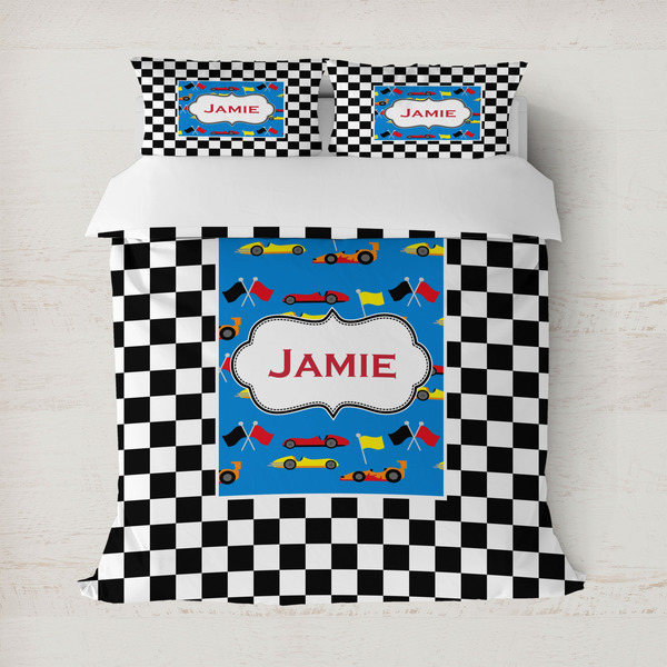 Custom Checkers & Racecars Duvet Cover Set - Full / Queen (Personalized)