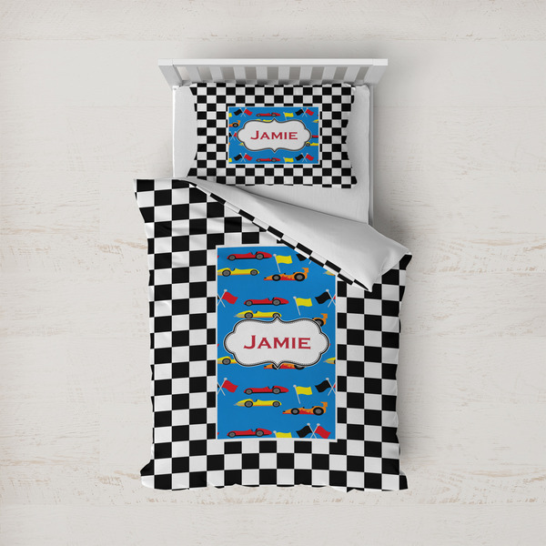 Custom Checkers & Racecars Duvet Cover Set - Twin (Personalized)