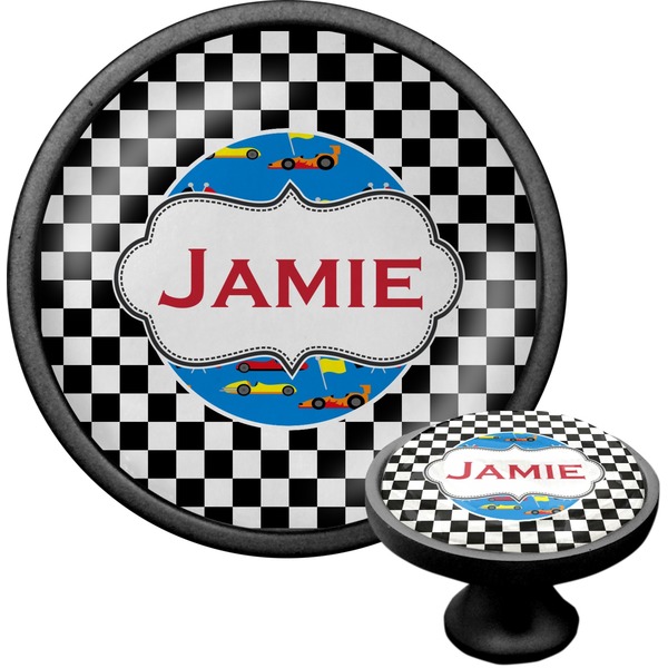 Custom Checkers & Racecars Cabinet Knob (Black) (Personalized)