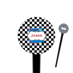Checkers & Racecars 4" Round Plastic Food Picks - Black - Single Sided (Personalized)
