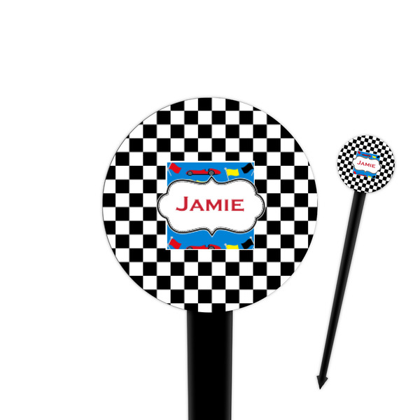 Custom Checkers & Racecars 4" Round Plastic Food Picks - Black - Double Sided (Personalized)