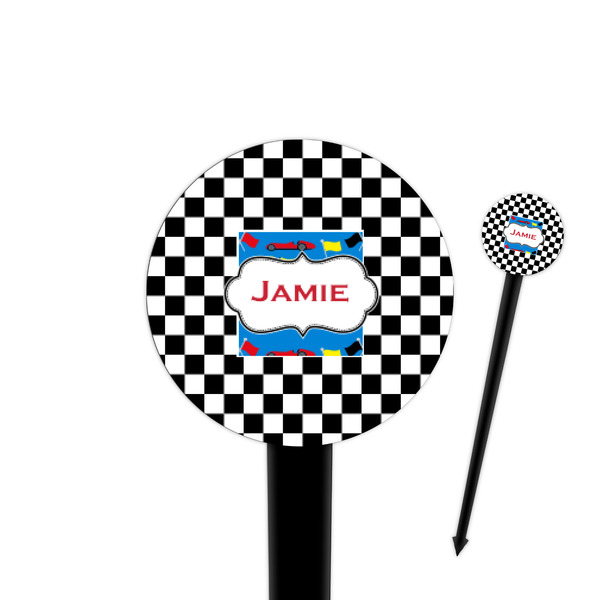 Custom Checkers & Racecars 4" Round Plastic Food Picks - Black - Single Sided (Personalized)