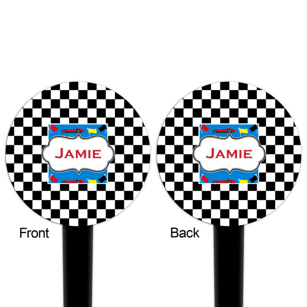 Checkers & Racecars Black Plastic 4" Food Pick - Round - Double Sided - Front & Back