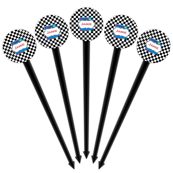 Checkers & Racecars Black Plastic 4" Food Pick - Round - Fan View