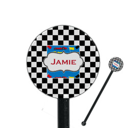 Checkers & Racecars 5.5" Round Plastic Stir Sticks - Black - Single Sided (Personalized)