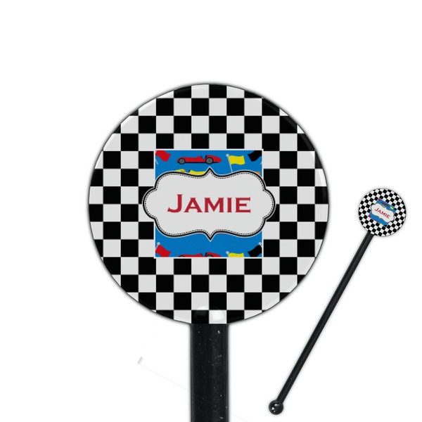 Custom Checkers & Racecars 5.5" Round Plastic Stir Sticks - Black - Single Sided (Personalized)