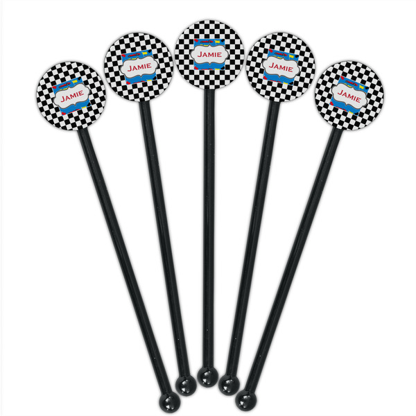 Checkers & Racecars Black Plastic 5.5" Stir Stick - Round - Fan View