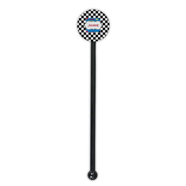 Checkers & Racecars Black Plastic 5.5" Stir Stick - Round - Single Stick