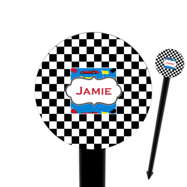 Custom Checkers & Racecars 6" Round Plastic Food Picks - Black - Double Sided (Personalized)