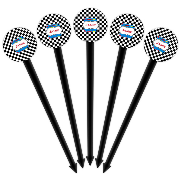 Checkers & Racecars Black Plastic 6" Food Pick - Round - Fan View