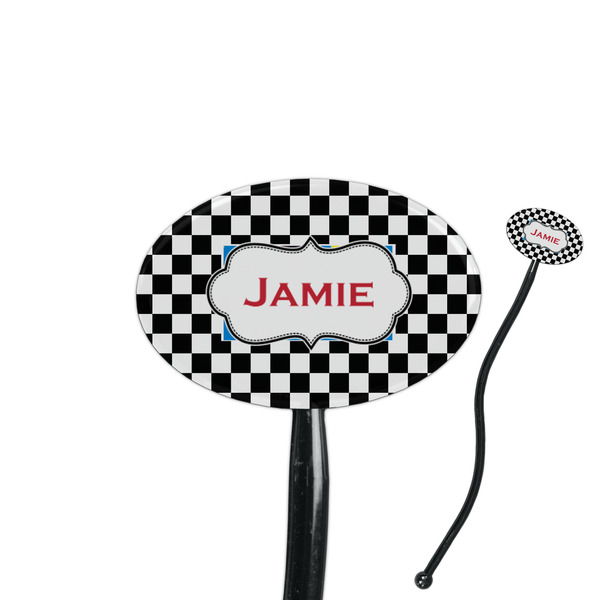 Custom Checkers & Racecars 7" Oval Plastic Stir Sticks - Black - Double Sided (Personalized)