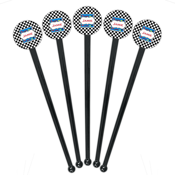 Checkers & Racecars Black Plastic 7" Stir Stick - Round - Fan View