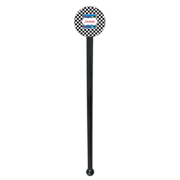 Checkers & Racecars Black Plastic 7" Stir Stick - Round - Single Stick