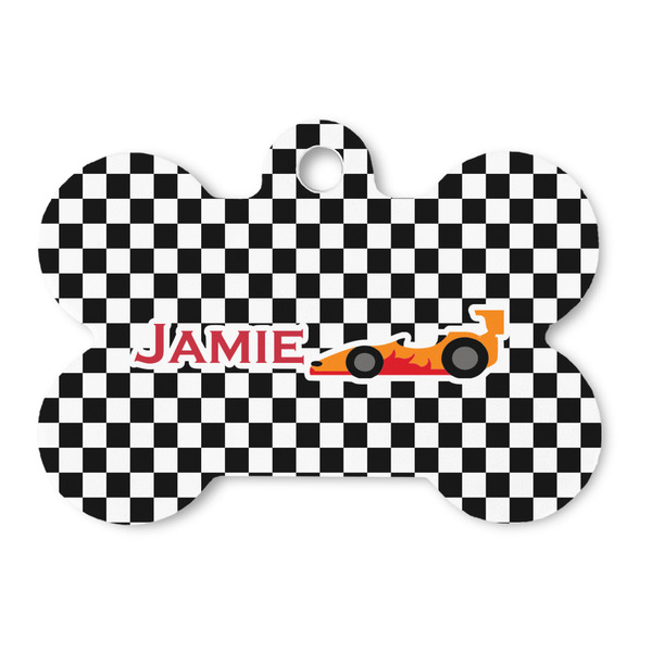 Custom Checkers & Racecars Bone Shaped Dog ID Tag - Large (Personalized)