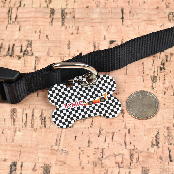 Checkers & Racecars Bone Shaped Dog ID Tag - Large - In Context