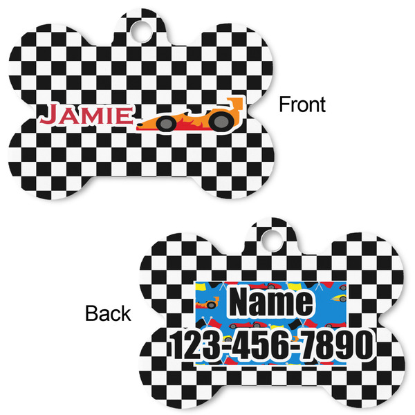 Checkers & Racecars Bone Shaped Dog Tag - Front & Back