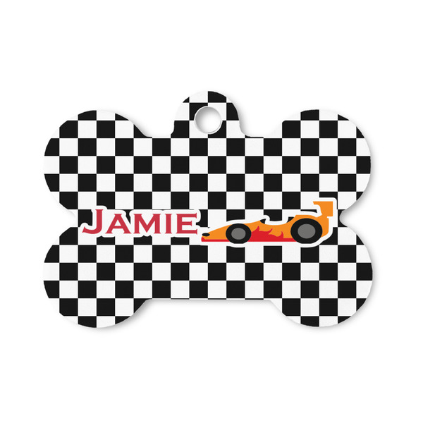 Custom Checkers & Racecars Bone Shaped Dog ID Tag - Small (Personalized)