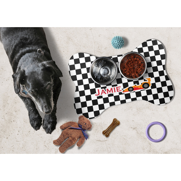 Checkers & Racecars Bone Shaped Mat w/ Food & Water