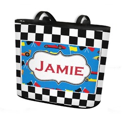 Checkers & Racecars Bucket Tote w/ Genuine Leather Trim - Large w/ Front & Back Design (Personalized)
