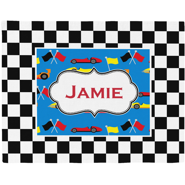 Custom Checkers & Racecars Woven Fabric Placemat - Twill w/ Name or Text