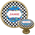 Checkers & Racecars Cabinet Knob - Gold (Personalized)