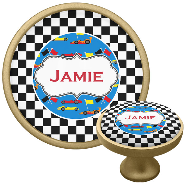Custom Checkers & Racecars Cabinet Knob - Gold (Personalized)